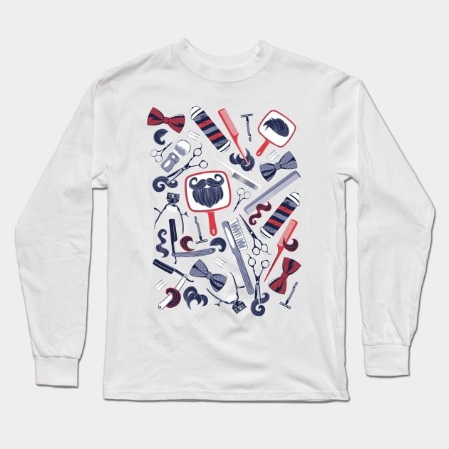 Shear shave shine // print // red white and blue vintage barber shop tools Long Sleeve T-Shirt by SelmaCardoso